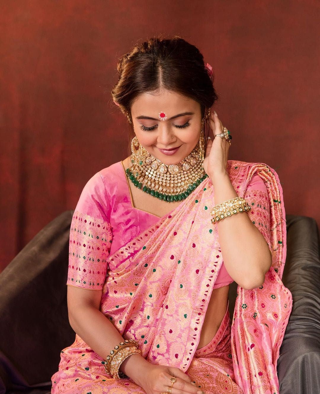 Pink and Gold Peacock Paisley Silk Saree