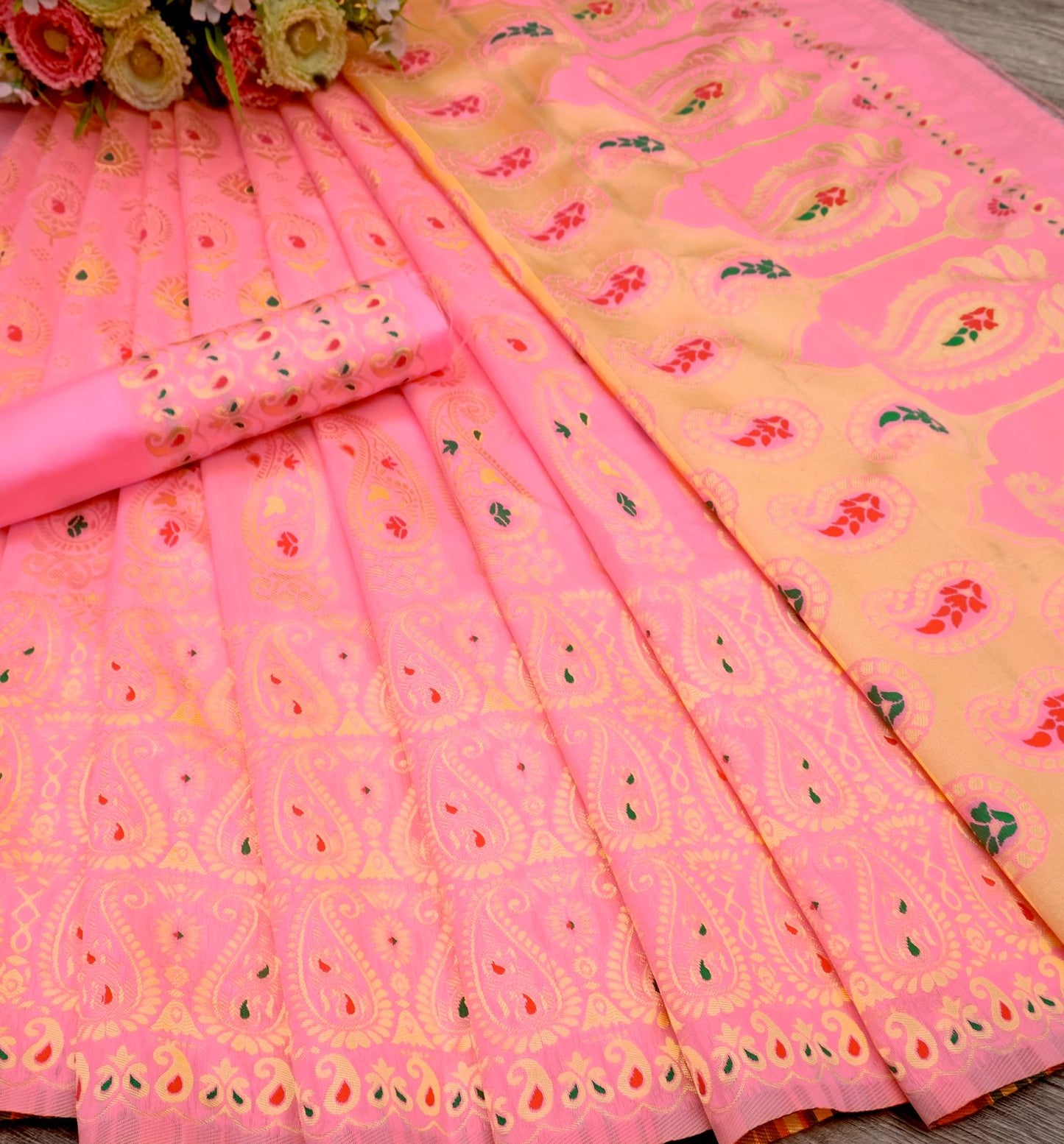 Pink and Gold Peacock Paisley Silk Saree