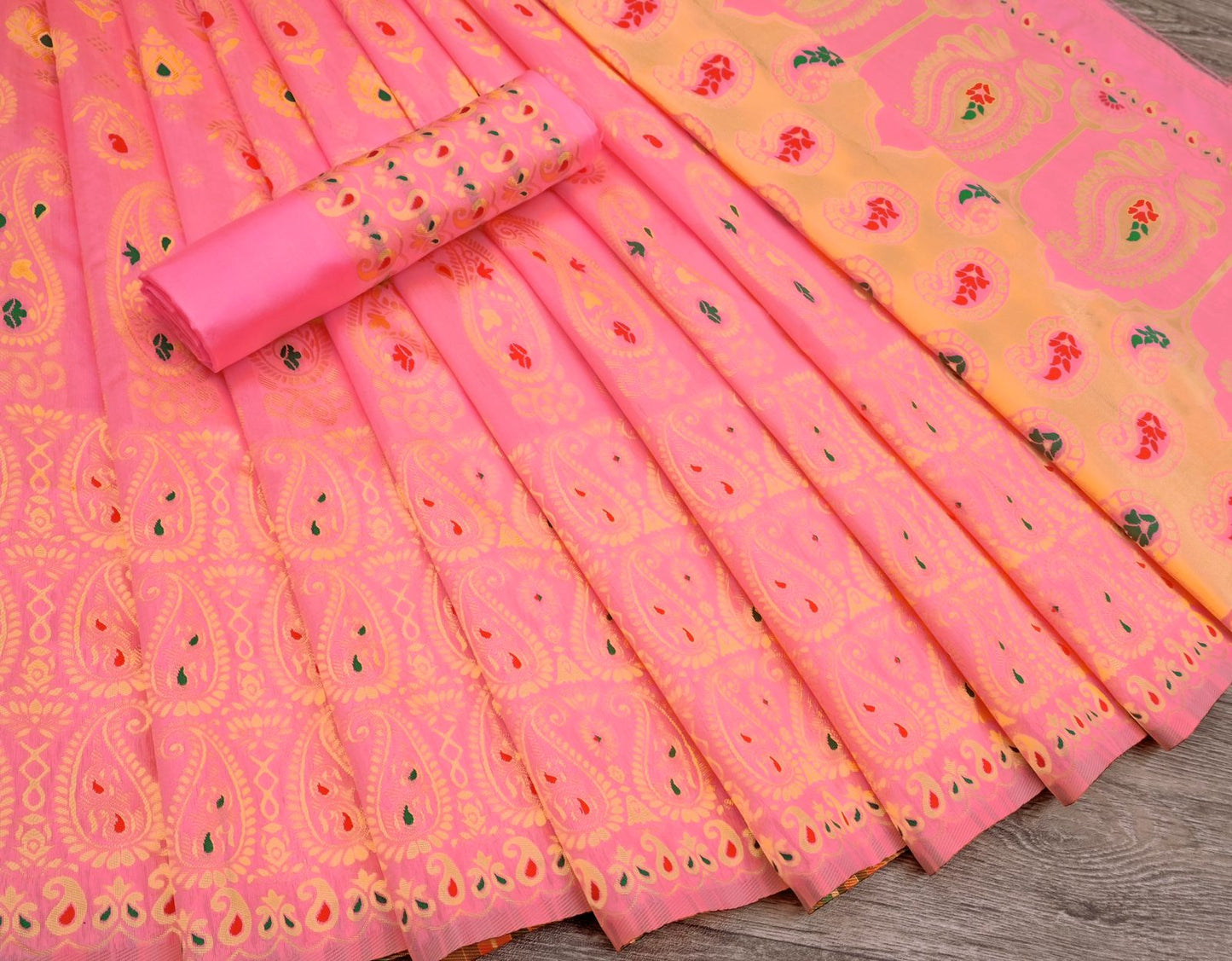 Pink and Gold Peacock Paisley Silk Saree