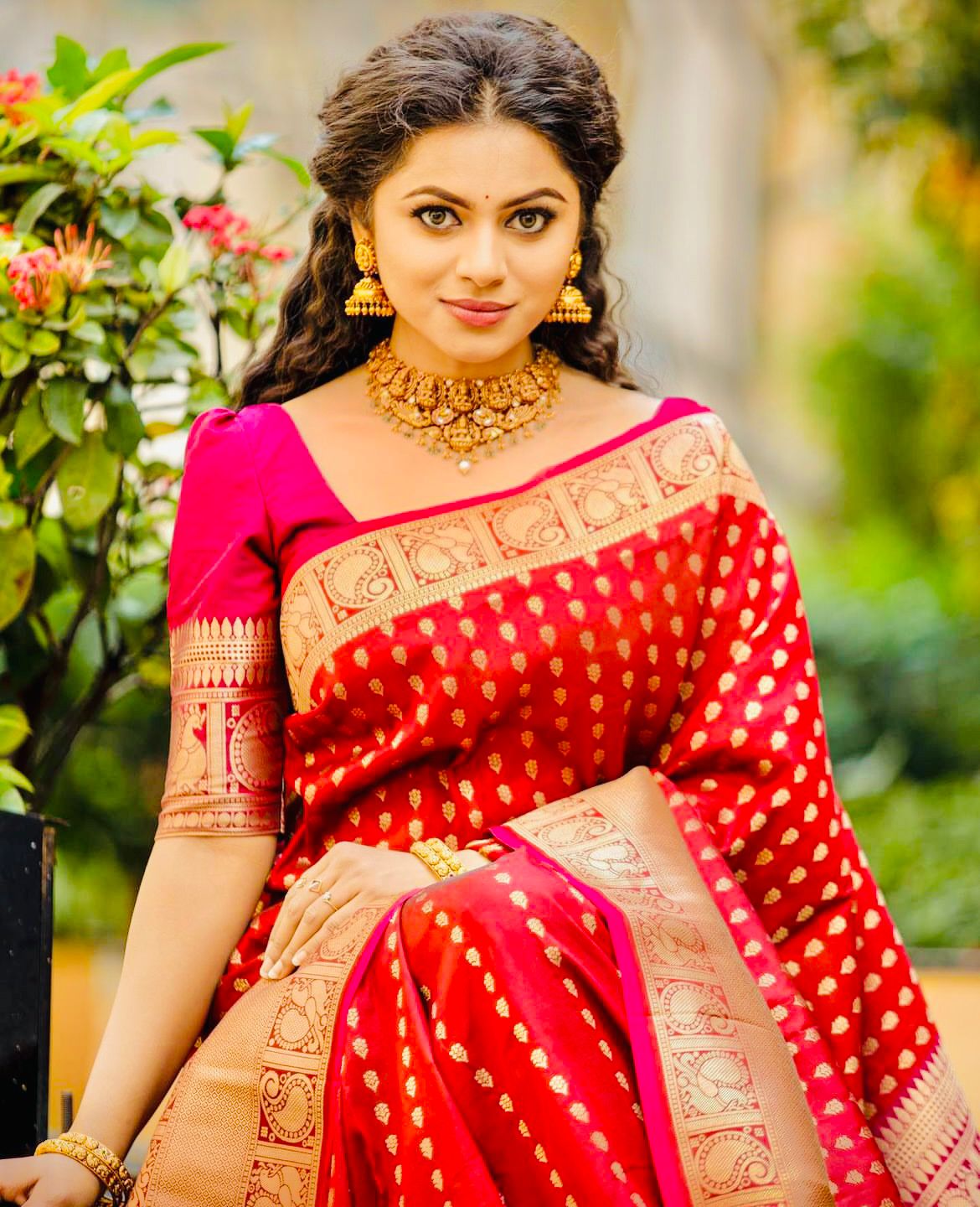 Golden Polka Red Banarasi Saree