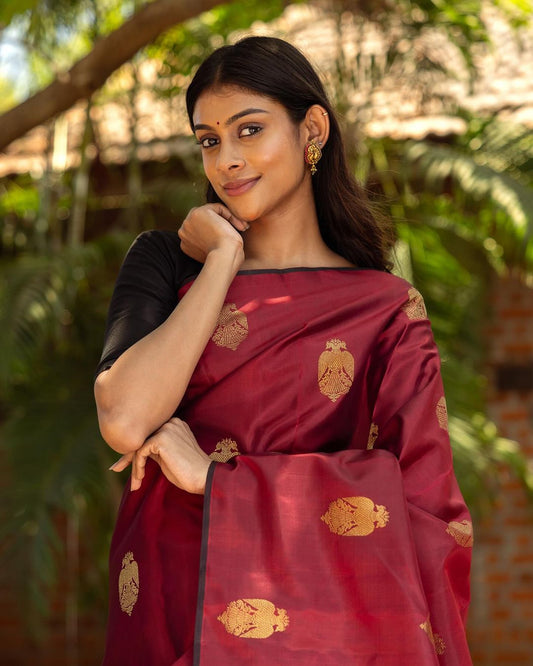 Maroon Kanjivaram Silk Saree with Golden Motifs