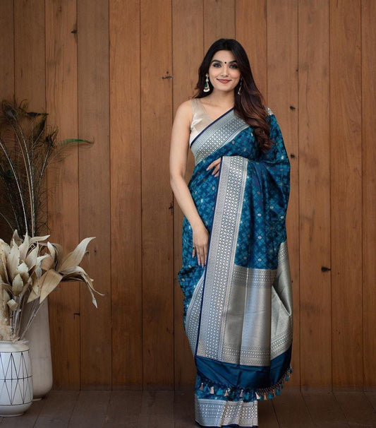 Blue Banarasi Silk Saree with Silver Zari Work