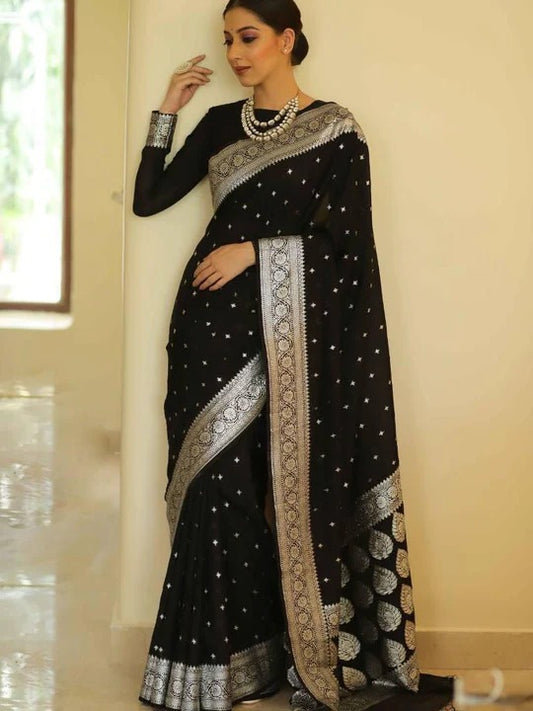 Black Silk Saree with Silver Zari Work