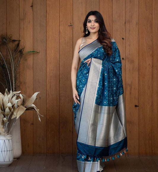 Blue Banarasi Silk Saree with Silver Zari Work