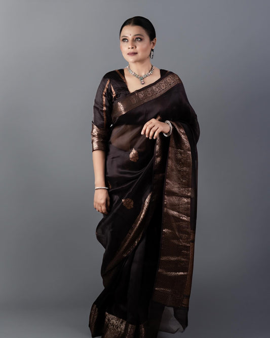 Black Silk Saree with Golden Work