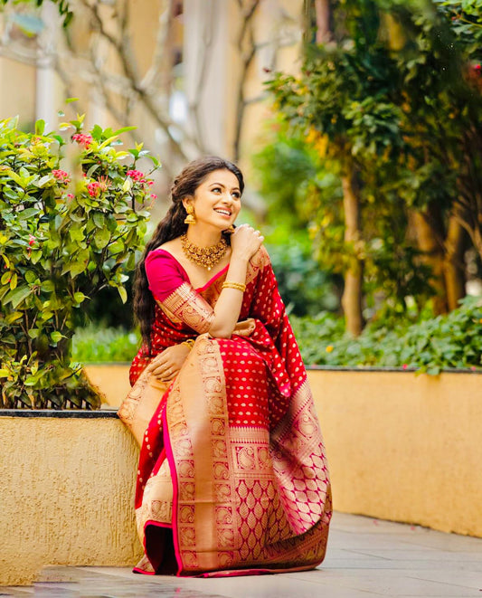 Golden Polka Red Banarasi Saree