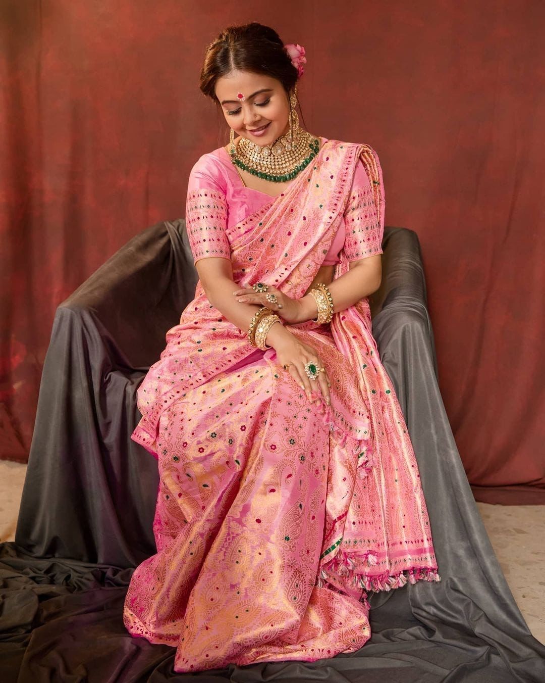 Pink and Gold Peacock Paisley Silk Saree